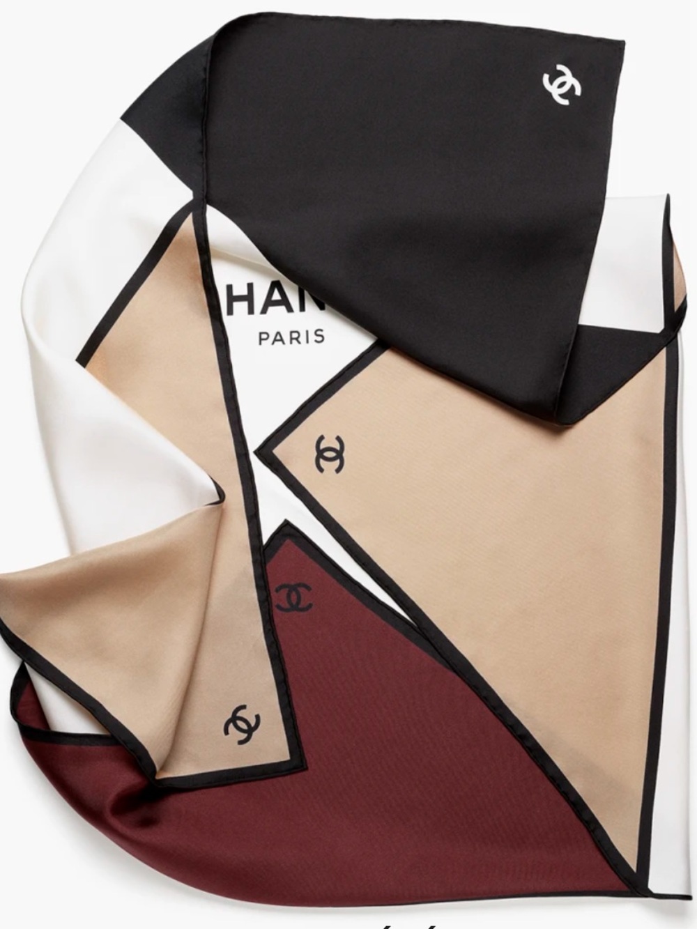 EUC CHANEL Silk Twill Scarf 35” Black, Tan, Ivory, Bordeaux - Black rolled edge